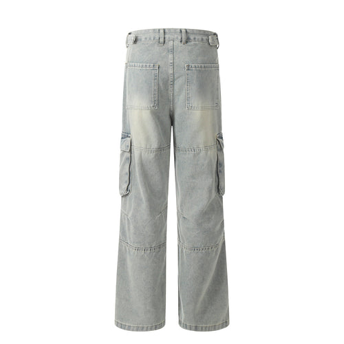 Punk Old Wash Denim Cargo Pants Trousers Men